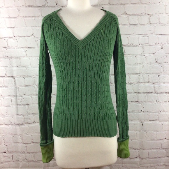 American Eagle Outfitters Sweaters - American Eagle Green V-Neck Cable Knit Sweater
